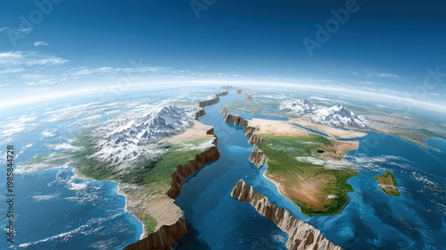 A stunning aerial view of Earth showcasing diverse landscapes, including mountains, water bodies, and expansive terrain under a bright blue sky.