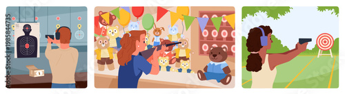 Men and women aiming at targets in various shooting activities, including outdoor ranges and carnival games, showcasing different shooting sports and training vector illustration