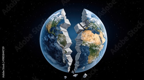 A digital illustration depicting a fragmented Earth, showcasing cracks and space, symbolizing environmental concerns and global issues.