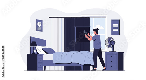 A woman adjusting the window blinds in a bedroom setting. EPS Editable. Vector Illustrations.