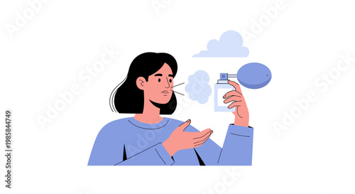 A woman applying fragrance using a vintage perfume bottle atomizer. EPS Editable. Vector Illustrations.