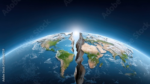 An artistic representation of a cracked Earth, symbolizing division or change, under a radiant light source.