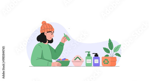 A woman applying skincare products at a table with plants. EPS Editable. Vector Illustrations.