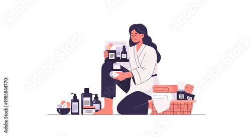 A woman applying skincare products during a relaxing beauty routine. EPS Editable. Vector Illustrations.