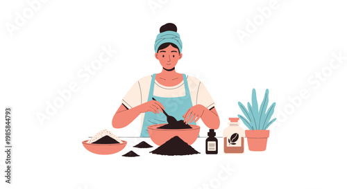 A woman creating organic natural cosmetics with herbal ingredients. EPS Editable. Vector Illustrations.