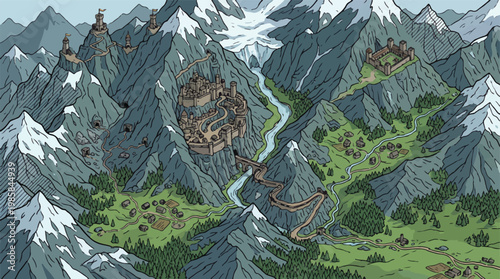 Fantasy world map vector, medieval mountain kingdom illustration, hand drawn rpg game landscape