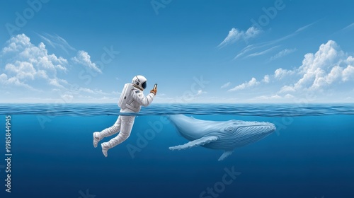 An astronaut interacts with a whale in a serene underwater scene, surrounded by blue water and fluffy clouds above.