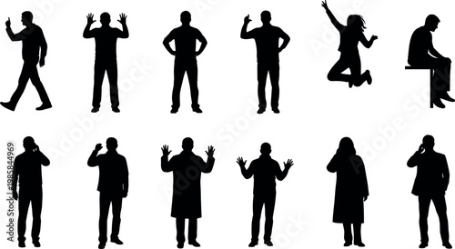 Set of black silhouette vector illustrations featuring diverse people in multiple everyday poses like standing, jumping, sitting, walking, and communicating.