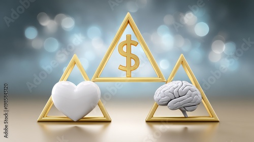 A symbolic representation of the balance between wealth, love, and intellect, depicted through golden triangles and icons.