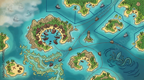 Fantasy pirate map vector, tropical island archipelago with ships, nautical game board world map
