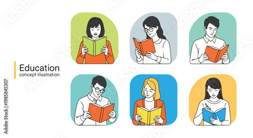 Stylized illustrations of people reading books against colorful backgrounds, modern flat design, ideal for educational content, learning platforms and lifestyle blogs.