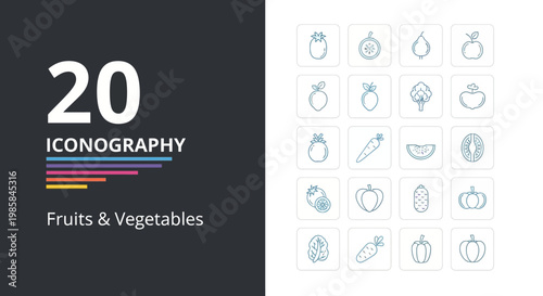 A comprehensive set of 20 minimalist line art icons representing various fruits and vegetables, neatly arranged on a white background, perfect for healthy eating concepts.