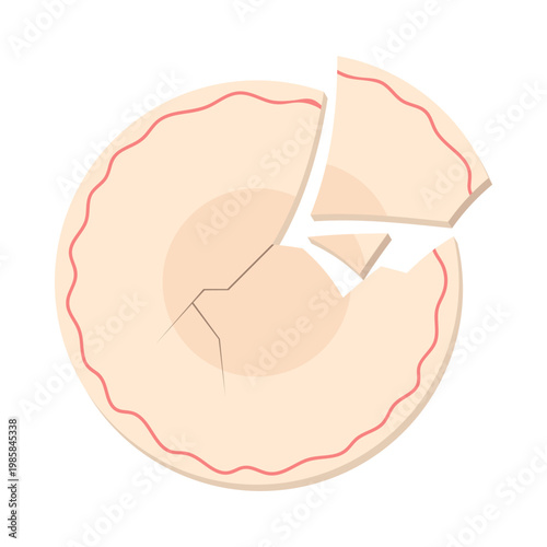 Cracked ceramic plate with jagged edges represents bad luck, misfortune, and accidents, commonly used in superstitions and cultural beliefs, isolated on white background vector illustration