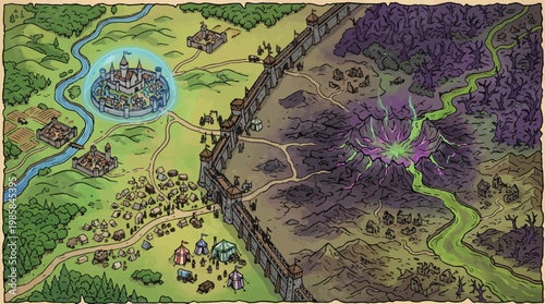 Fantasy world map, medieval kingdom and dark wasteland divided by wall, hand drawn game vector