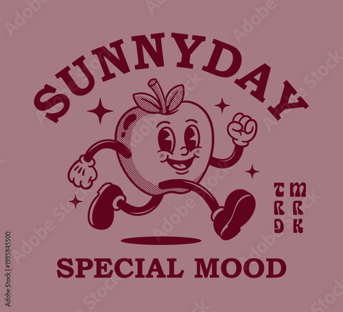 Vector illustration of a t-shirt design apple retro mascot cartoon characters, groovy cartoons vintage rubber hose style 