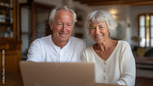 Retired couple video calling adult children on laptop, printouts of retirement community floor plans and pricing spread across dining table, intergenerational housing decision, senior living selecti