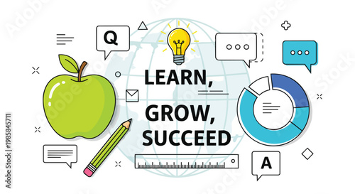 Vibrant illustration of apple, lightbulb, and data chart with speech bubbles, perfect for education, business concepts, and marketing materials.
