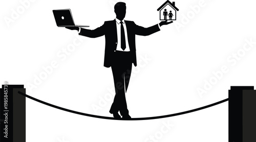 Business person laptop house tightrope icon illustration, work life balance artwork design, professional concept symbol graphic, black silhouette representation