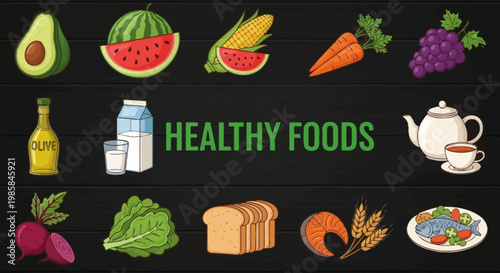 Collection Of Fresh Organic Fruits Vegetables Grains Fish And Beverages Promoting A Balanced Diet And Wellness For Healthy Eating Lifestyle On Dark