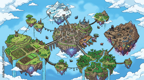 Fantasy floating island map, medieval kingdom game world, magical sky city vector illustration