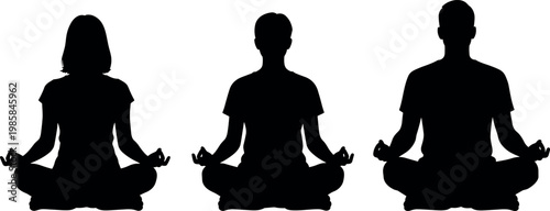Vector silhouette illustration of a family of three people sitting in lotus yoga pose meditating together for health and wellness