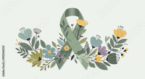 Gentle green awareness ribbon adorned with delicate wildflowers and foliage, symbolizing hope and support for various causes