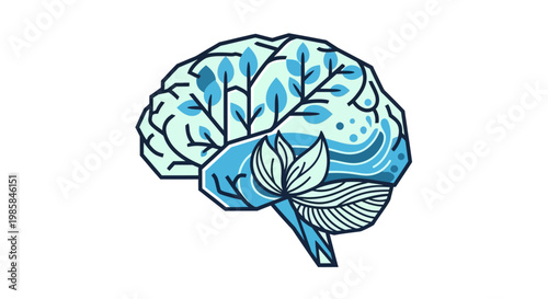 Mindful Growth An Artistic Representation of a Brain Adorned with Lush Greenery and Flowing Water