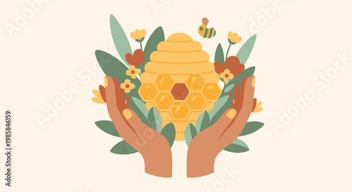 Illustration of a bee, honeycomb, and plants held by hands, symbolizing care and nature conservation