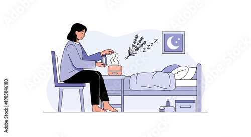 A woman using an aromatherapy essential oil diffuser for better sleep in her bedroom. EPS Editable. Vector Illustrations.