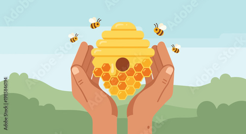 Hands cradling a vibrant beehive with bees buzzing around, symbolizing nature's bounty and pollination