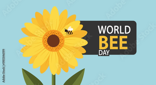 Celebrating World Bee Day with a vibrant illustration of a sunflower and a busy bee, highlighting the importance of pollinators for our planet