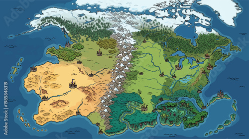 Fantasy world map vector, medieval continent illustration, tabletop gaming rpg landscape design