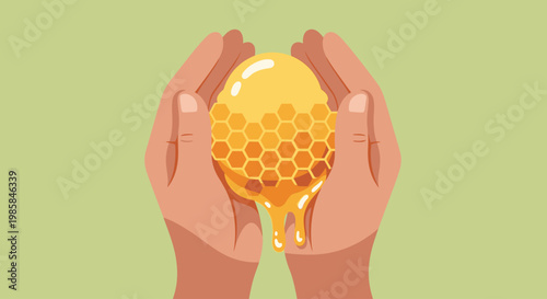 Hands gently holding a dripping honeycomb filled with golden honey, illustrating nature's sweet bounty and care