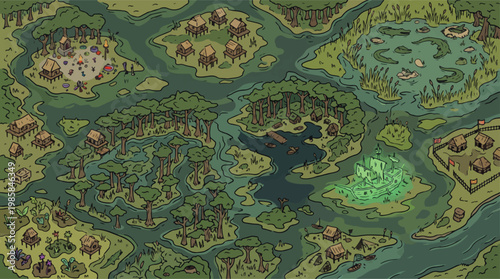 Fantasy swamp map vector, isometric marshland village, tabletop rpg game world background