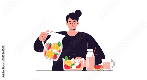 A young woman carefully preparing and pouring fresh homemade fruit infused water into a glass pitcher. EPS Editable. Vector Illustrations.