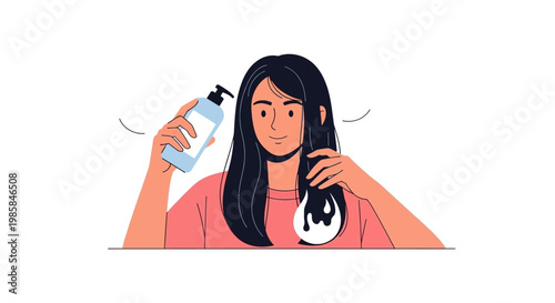 A young woman applying nourishing hair oil from a pump bottle. EPS Editable. Vector Illustrations.