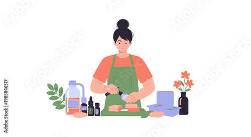 A young woman crafting handmade organic soap at a workshop table. EPS Editable. Vector Illustrations.