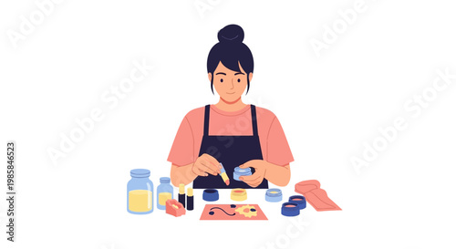 A young woman crafting handmade organic cosmetics in a home workshop. EPS Editable. Vector Illustrations.