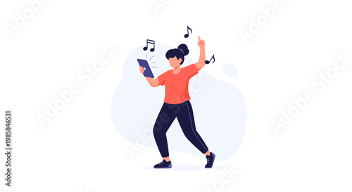 A young woman dancing happily while holding a tablet computer. EPS Editable. Vector Illustrations.