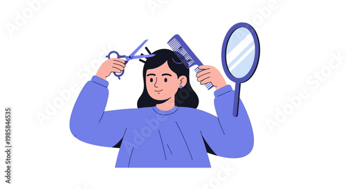 A young woman cutting her own hair in front of a mirror. EPS Editable. Vector Illustrations.