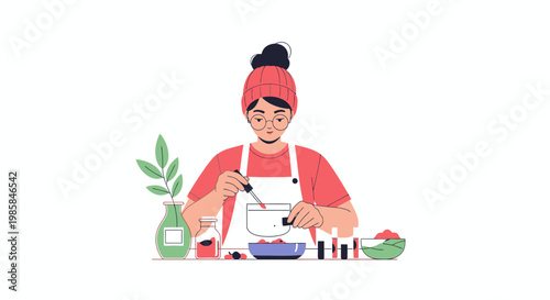 A young woman crafting natural organic skincare products at home. EPS Editable. Vector Illustrations.