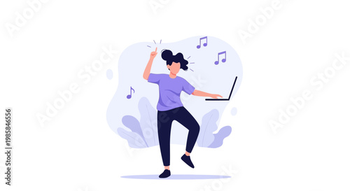 A young woman dancing while working on her laptop computer. EPS Editable. Vector Illustrations.
