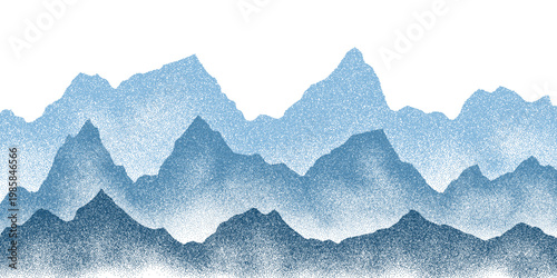 Mountain ridge silhouette with geometric dot pattern and gradient sunrise vector illustration creating abstract panoramic landscape background for artistic design projects and creative templates.