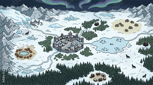 Fantasy winter world map, hand drawn arctic landscape with castle, snowy mountain game background