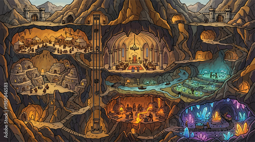 Fantasy underground kingdom cross section, dwarven mountain city, subterranean cavern world map