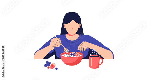 A young woman enjoying a healthy breakfast with a bowl of cereal and fresh fruit. EPS Editable. Vector Illustrations.