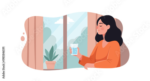 A young woman enjoying a refreshing drink while relaxing by the window. EPS Editable. Vector Illustrations.