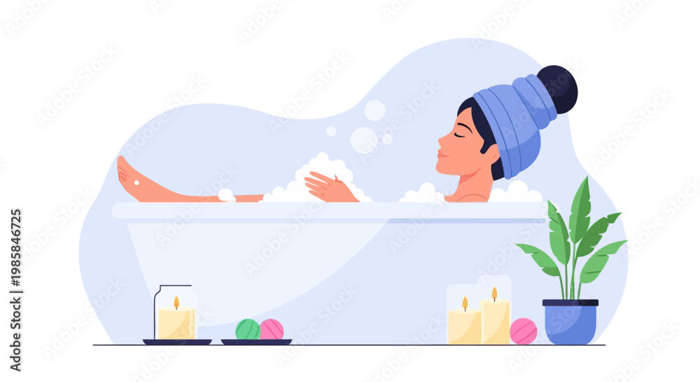 Obraz premium A young woman relaxing in a warm bubble bath at home. EPS Editable. Vector Illustrations.