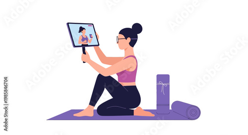 A young woman recording a fitness workout video using a tablet. EPS Editable. Vector Illustrations.