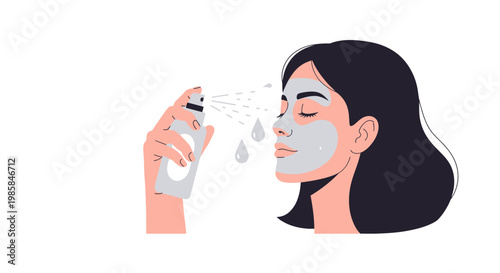 A young woman refreshing her face with a hydrating facial spray mist. EPS Editable. Vector Illustrations.